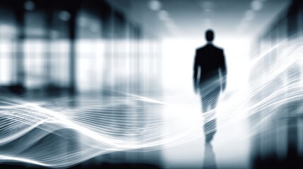Silhouette of a man in a suit walking forward in a monochromatic scene with black, white, and gray tones, dynamic light streaks, blurred vertical shapes, and a bright indoor corridor background.