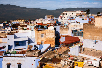 View from above of the houses of Chefchaouen, Morocco. The blue city