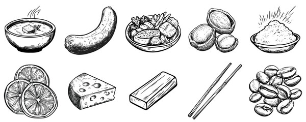 Black and white sketch of various food items and ingredients, vector icons in sketch style food and drinks
