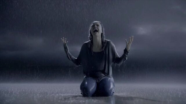 A young woman falls to her knees in the rain, crying out with hands lifted to the sky, shot dramatically from below as raindrops catch the light in emotional slow motion