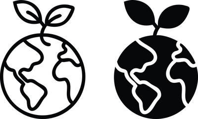 Eco Earth Globe with Leaf Icon Vector, Sustainable Planet Outline and Solid Symbol