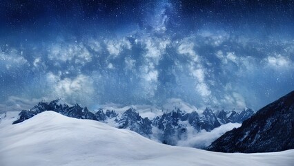 A panoramic winter landscape of snow-covered alpine mountains under a cold, high sky with clouds