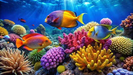 Vibrant Reef Scene Colorful Fish and Corals in a Sunlit Underwater Paradise