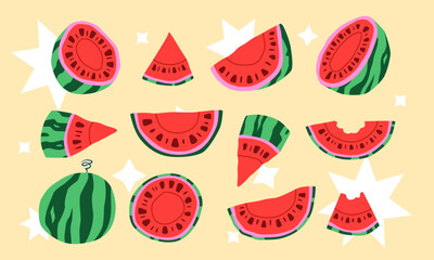 Watermelon doodle. Summer fruit cartoon, whole melon, cut half, delicious pieces. Fresh tropical slice with seeds. Juicy, vitamin red, green design. Healthy sweet dessert food. Vector isolated set