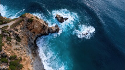 Aerial view of rocky coastline meeting vibrant blue ocean waves under a textured surface.