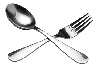 Shiny stainless steel fork and spoon set, isolated on transparent background.