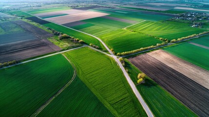Aerial view of intersecting fields showcasing vibrant green patterns and agricultural lines under a clear sky.