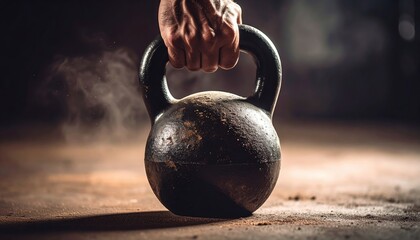 Close-Up of Hand Gripping Kettlebell in Dusty Gym with Moody Lighting