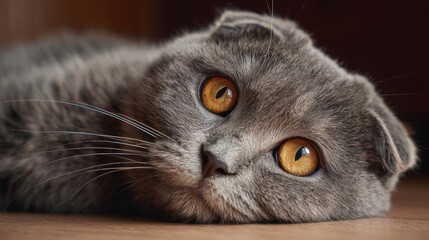 A close-up of a gray cat with expressive eyes lying down, showcasing its fur texture and relaxed demeanor.
