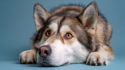 Obraz premium A close-up of a wolf lying down against a blue background, showcasing its expressive eyes and detailed fur texture.