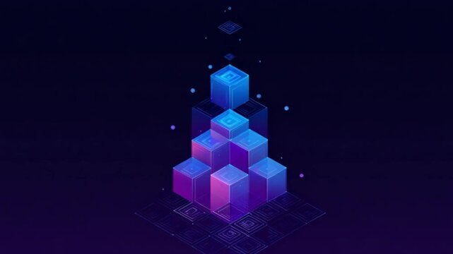 Abstract illustration of stacked, translucent cubes in vibrant purples and blues,  layered on a dark background with a grid pattern, suggesting interconnected digital data or a technological structure