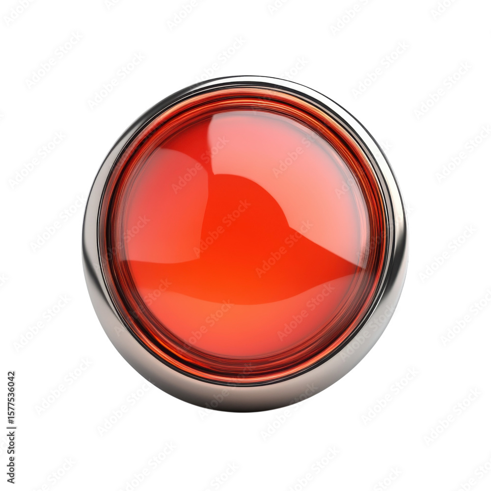 Poster Shiny Red Button with Metallic Chrome Bezel Design Element UI Control on transparent background
