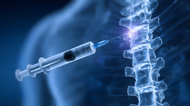 X ray 3D illustration with blue background of spinal drug injection for lower back pain treatment