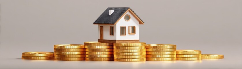 A miniature house sits atop a stack of gold coins, symbolizing real estate investment and financial growth.