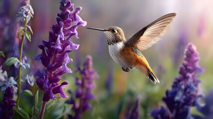 Vibrant Hummingbird Feeding on Purple Flowers in Sunlit Garden