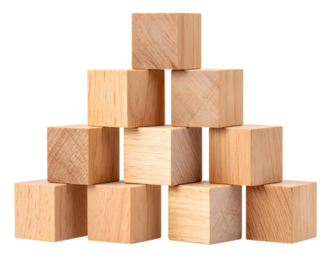 Wooden blocks in a pyramid arrangement, showcasing varied wood textures and natural tones. PNG format.