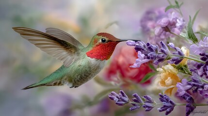 Fototapeta premium Vibrant Hummingbird Feeding on Lavender Flowers with Soft Background