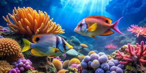 Obraz premium Vibrant Marine Life Thriving in a Sunlit Underwater Paradise, Displaying Colorful Fish and Coral Reefs