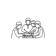 Men playing carrom game in traditional attire indoor