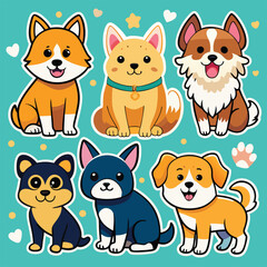 Fototapeta premium Set of cute dog sticker vector. Lovely dog doodle pattern in different poses and breeds. Adorable funny pet and many characters hand drawn collection for T-shirt, sticker, print, pet shop.