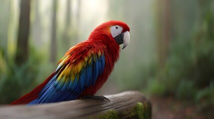 Obraz premium Vibrant Scarlet Macaw Perched on a Log in Lush Green Forest