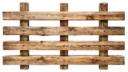 Rustic wooden fence section with weathered planks and posts isolated on transparent background