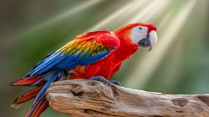 Vibrant Scarlet Macaw Perched on a Weathered Log in Sunlight