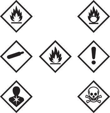 Globally Harmonized System (GHS) hazard Warning symbols with line art vector illustration. All 9 GHS chemical labelling stickers
