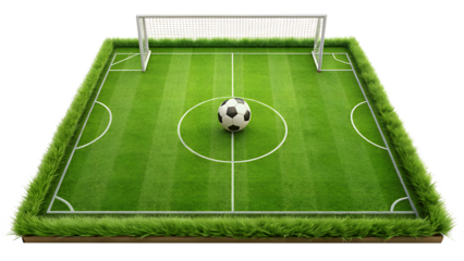 Soccer ball centered on a miniature football field with goal isolated on transparent background