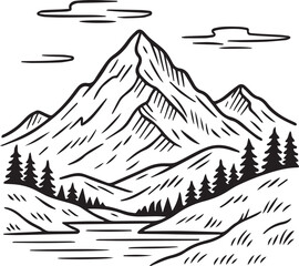 Fototapeta premium Snowy mountain peak landscape line art vector illustratin 