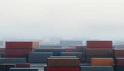 Abstract industrial landscape with geometric shipping containers in muted colors under morning fog.