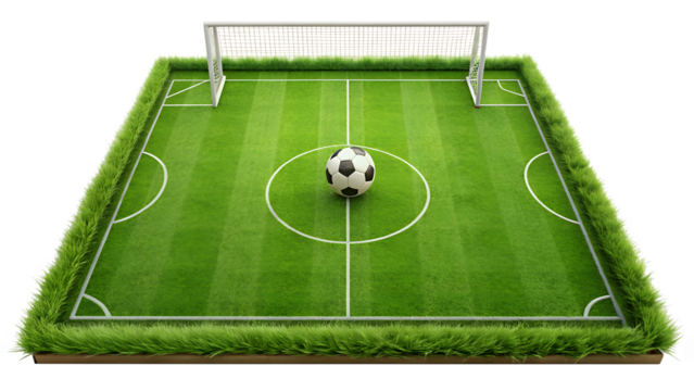 Soccer ball centered on a miniature football field with goal isolated on transparent background