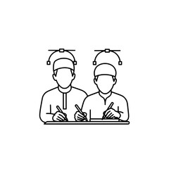 People working on a tablet with stylus and sketchpad at desk