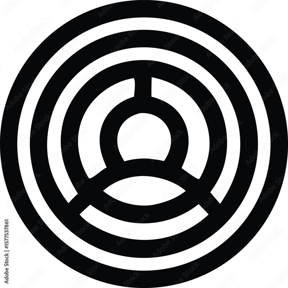 Poster a striking black and white circular maze design with concentric rings and a central three pronged st