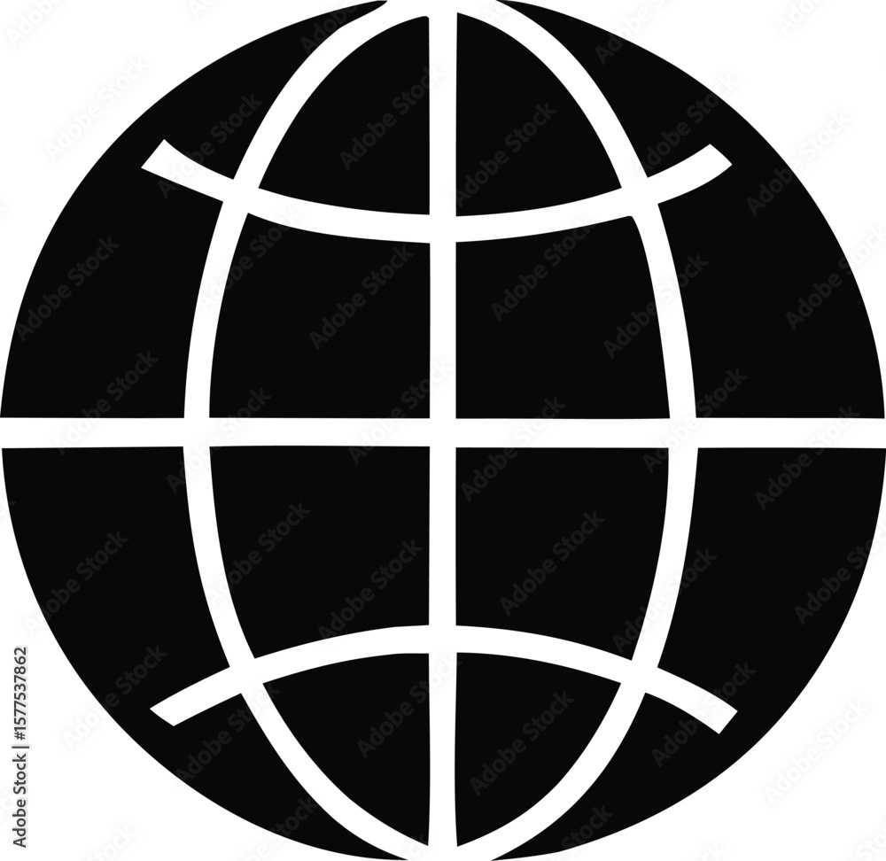 Poster a simple black and white graphic representation of a globe showing meridians and parallels symbolizi