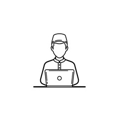 Chef working with laptop in restaurant kitchen setting