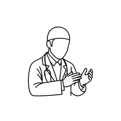 Medical professional wearing surgical cap and scrubs using a tablet