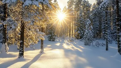 Winter forest landscape with snow-covered trees and sunlight - Powered by Adobe