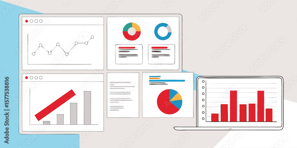 Poster data analysis charts and graphs on screens statistics