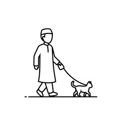 Man walking dog outline with leash and traditional clothing