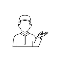 Line art of a man wearing a traditional outfit with a raised hand gesture