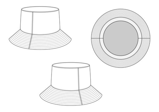 Vector fashion technical drawings of a bucket hat with three views. Woven or polyester fabric.
