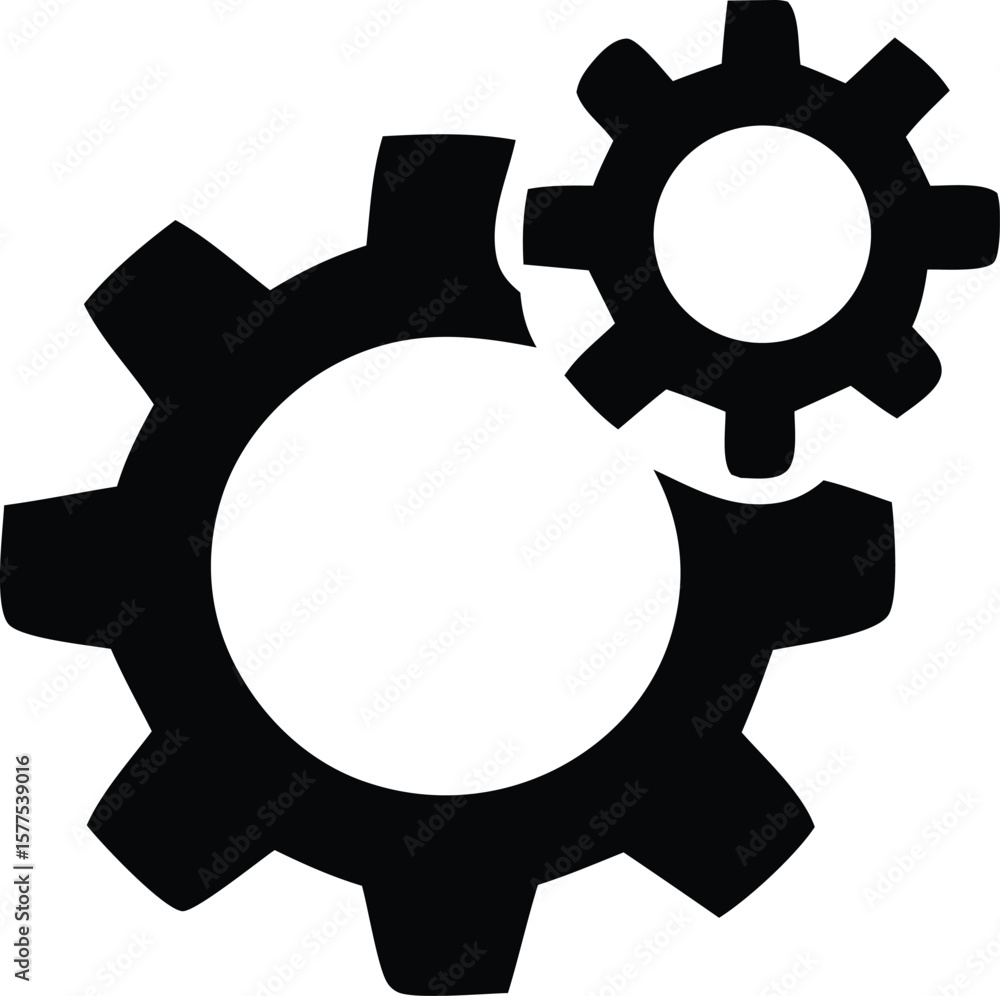 Poster two interlocking black gears one larger than the other symbolizing connection collaboration and mech
