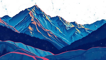 Abstract vector mountain landscape with line art, dotted, pen, pencil, halftone, grunge textures,  range,  peak