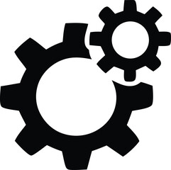 Two interlocking black gears one larger than the other symbolizing connection collaboration and mechanical processes on a white background