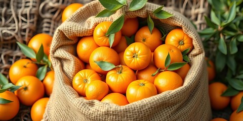 A burlap sack overflowing with bright, juicy oranges,  organic,  harvest
