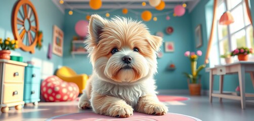 A hyperrealistic digital painting of a fluffy dog in a bright, whimsical studio setting,  illustration,  soft