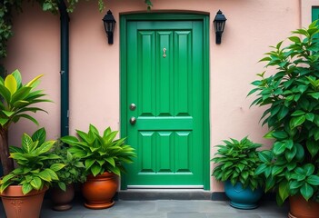 A vibrant green door flanked by lush green potted plants,   design,   green theme
