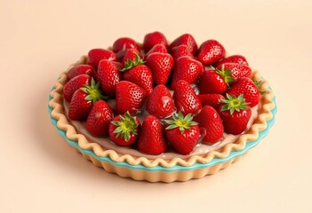 Juicy strawberry pie, glazed crust, turquoise plate, beige backdrop,  dessert,  fruit