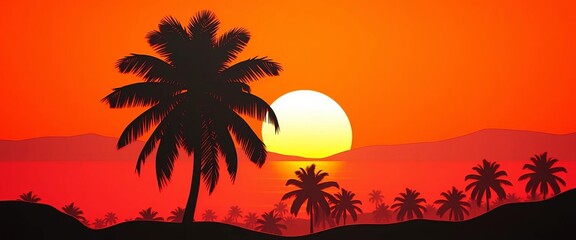 Layered paper cut palm tree silhouette against vibrant orange sunset, tropical landscape,  card,   digital